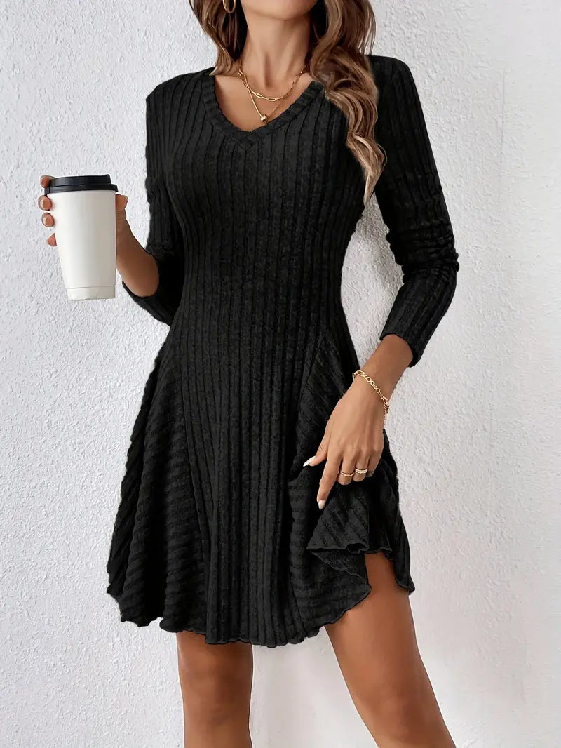 Ribbed A-Line Long Sleeve Dress