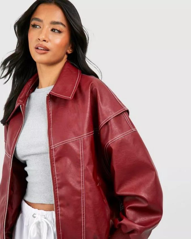 Women's Chic Leather Bomber Jacket