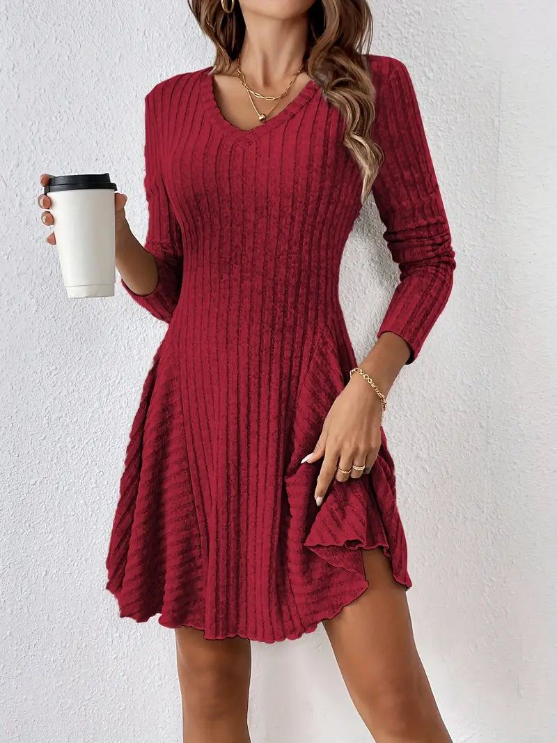 Ribbed A-Line Long Sleeve Dress