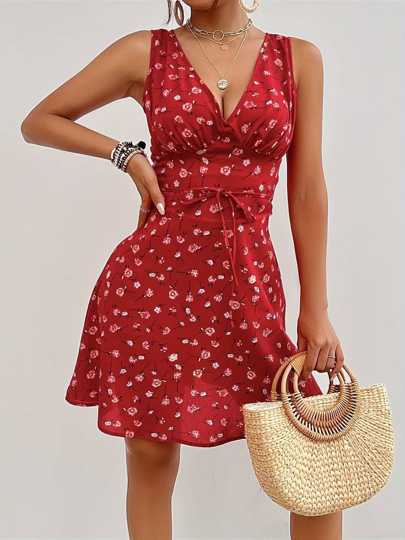 V-Neck Belted Sleeveless Dress For Women