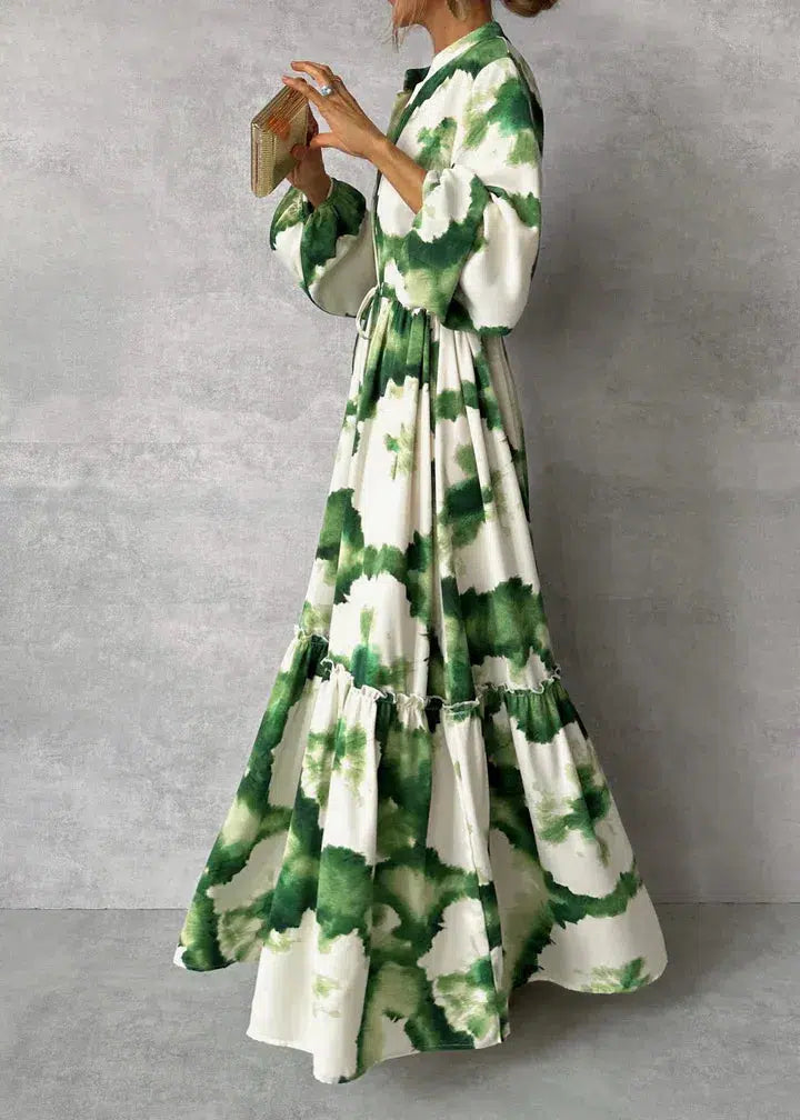 Green V-Neck Elegant Maxi Dress