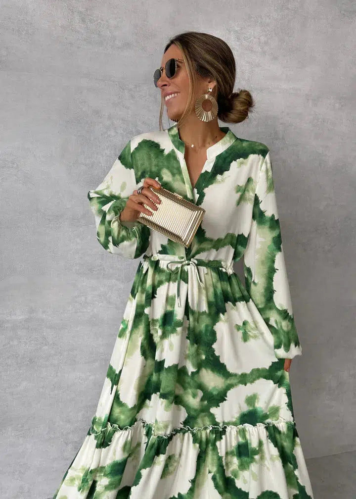 Green V-Neck Elegant Maxi Dress