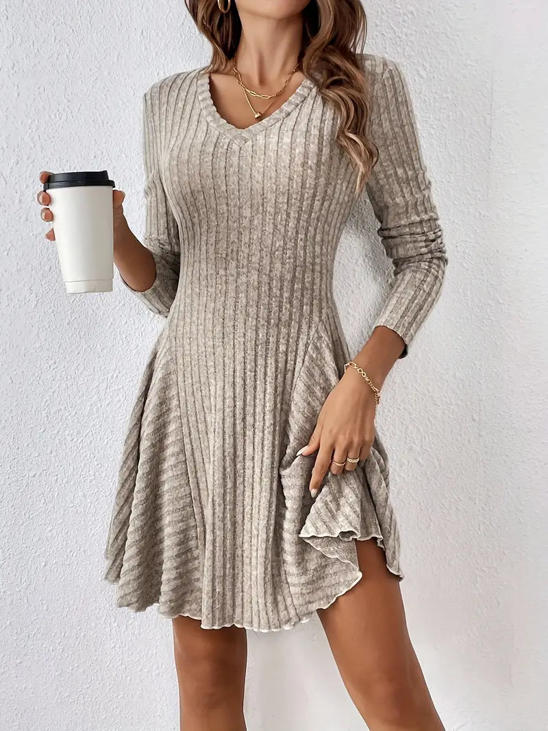 Ribbed A-Line Long Sleeve Dress